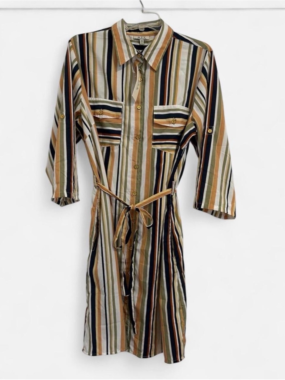 MPH Collection Earthy Color Striped Button-Front Dress W/ Tie Waist & 3/4 Sleeve